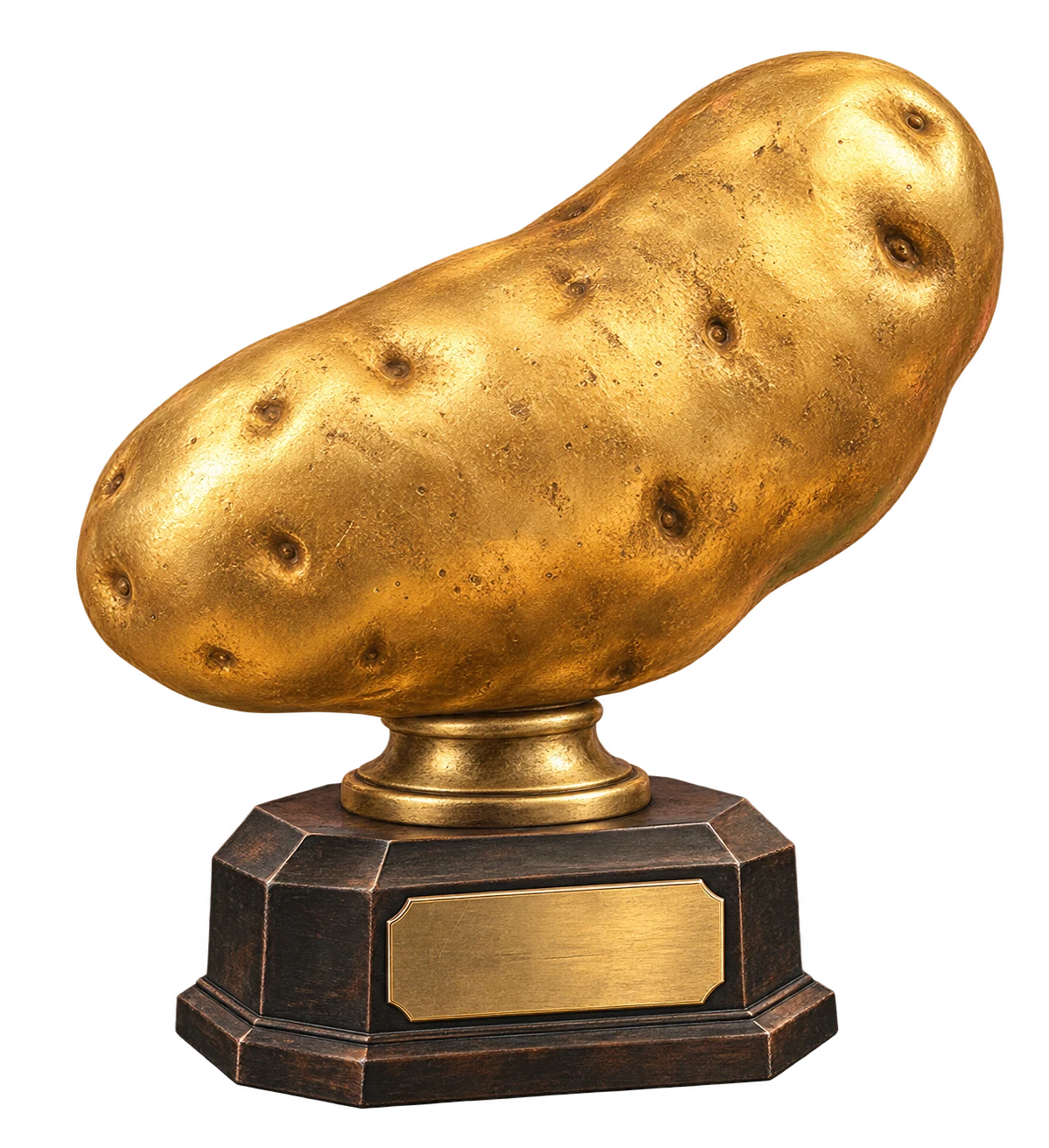 Illustration of a golden potato trophy on a dark base; not a photograph of the final trophy
